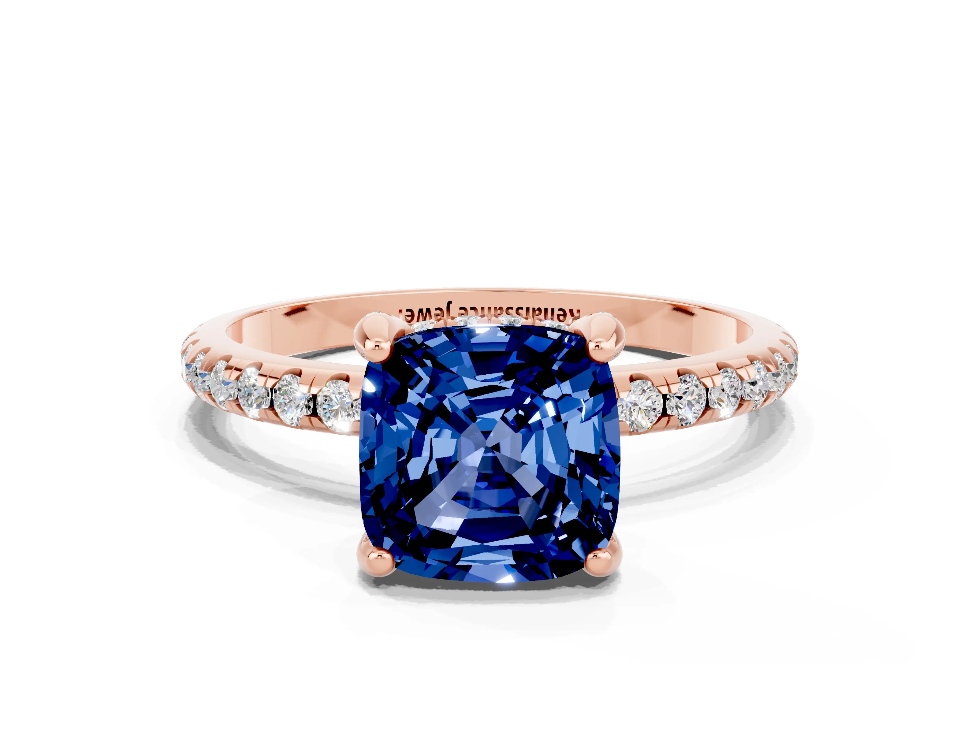 Rose gold Cushion Cut Diamond Solitaire Ring with Four-Prong Setting and Pavé Band