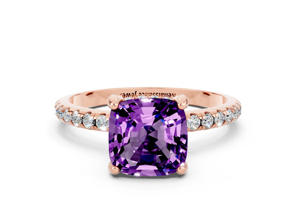 Rose gold Cushion Cut Amethyst Hidden Halo Engagement Ring with Round Pavé Band and Prong Setting