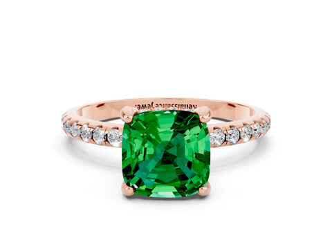 Rose gold Cushion Cut Diamond Solitaire Ring with Four-Prong Setting and Pavé Band
