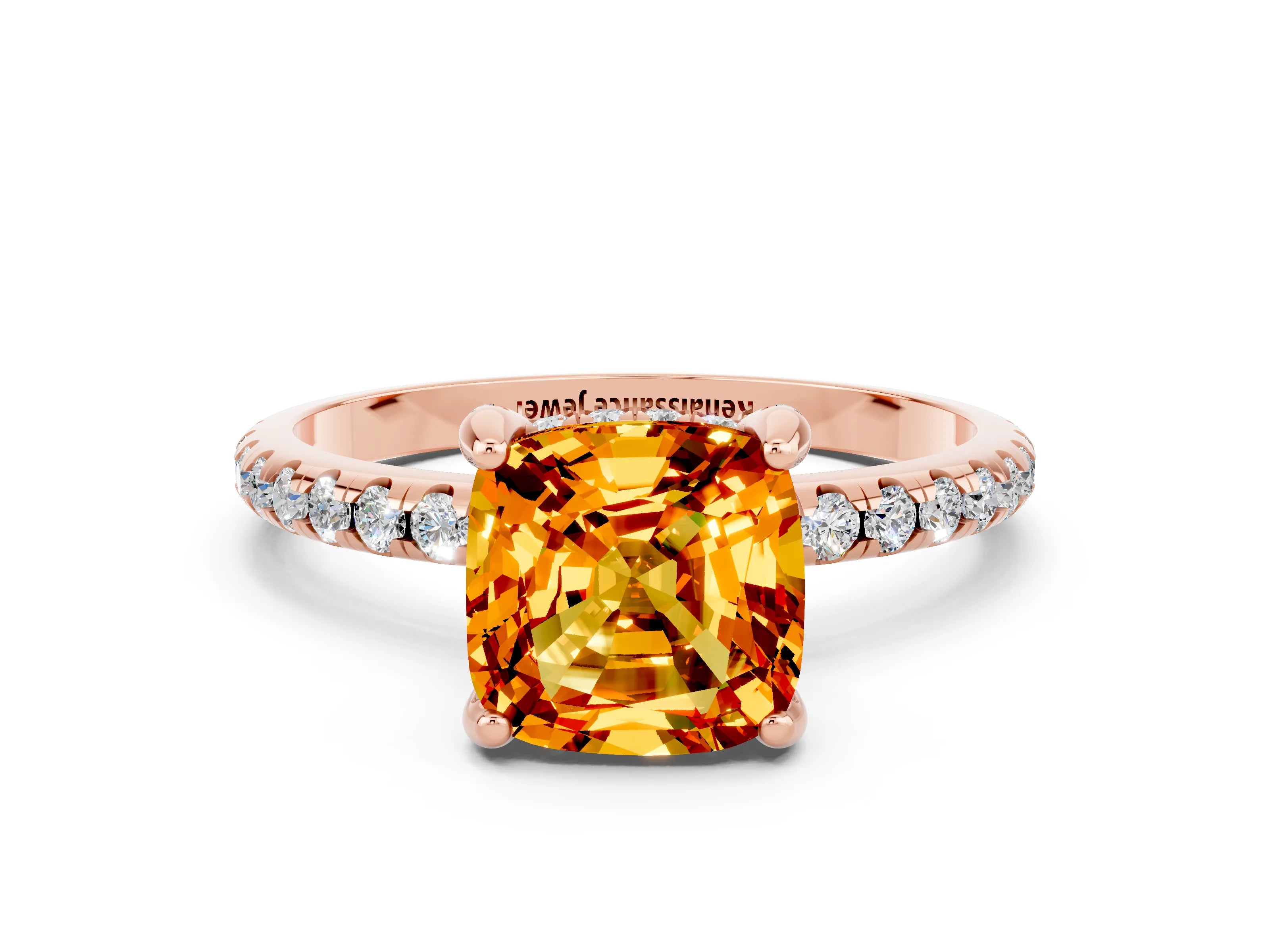 Rose gold Cushion Cut Diamond Solitaire Ring with Four-Prong Setting and Pavé Band