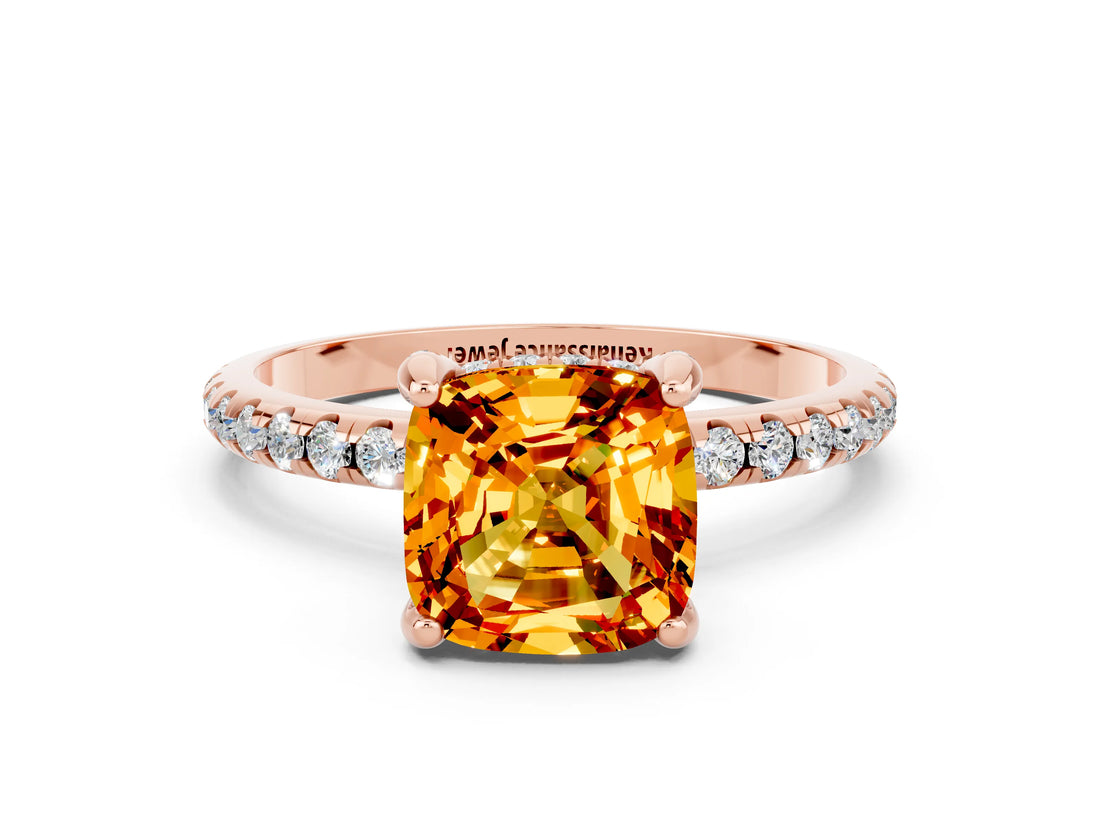 Rose gold Cushion Cut Diamond Solitaire Ring with Four-Prong Setting and Pavé Band