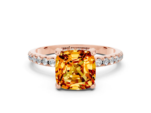 Rose gold Cushion Cut Citrine Hidden Halo Engagement Ring with Round Pavé Band and Prong Setting