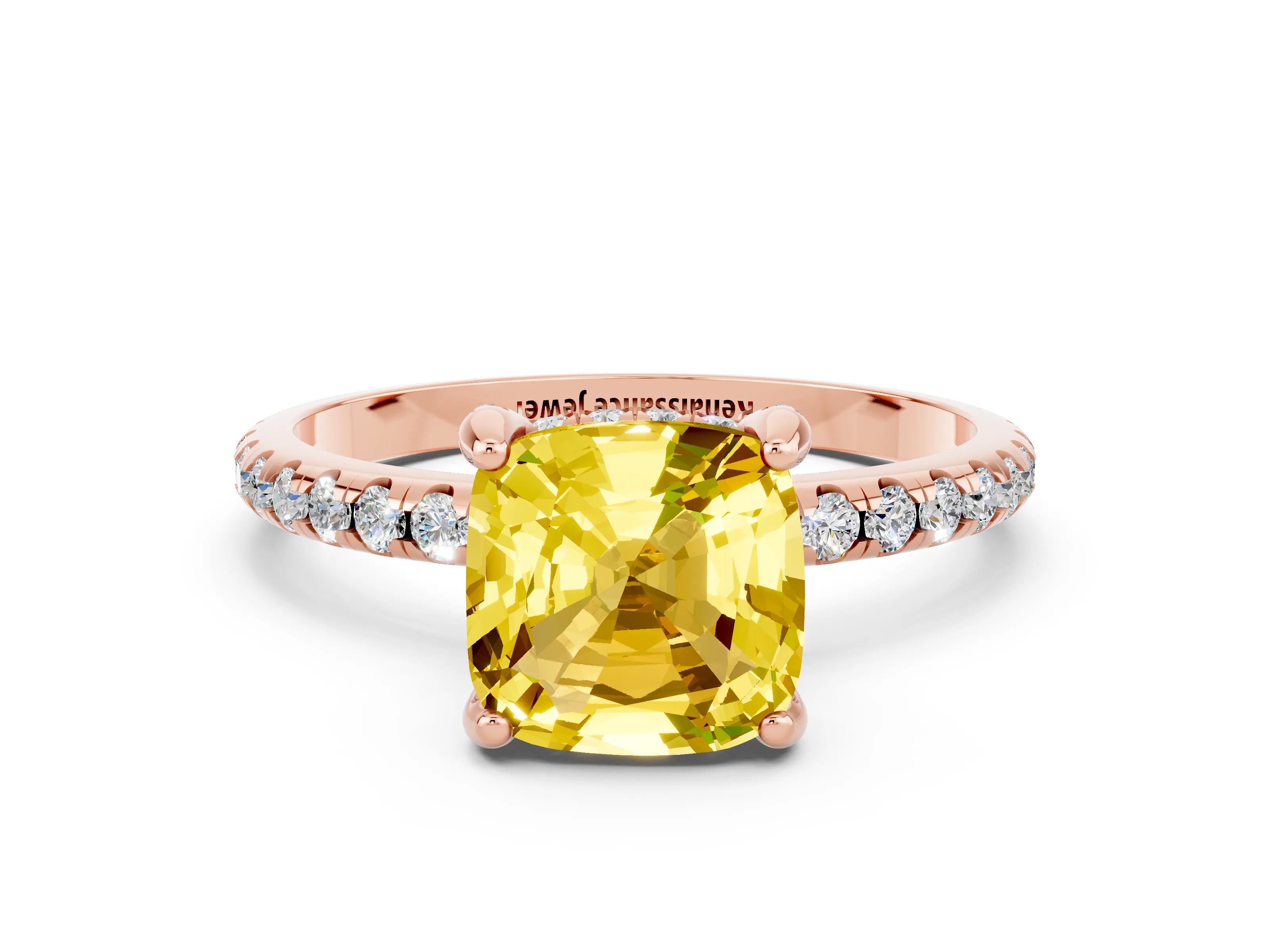Rose gold Cushion Cut Diamond Solitaire Ring with Four-Prong Setting and Pavé Band