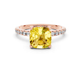 Rose gold Cushion Cut Diamond Solitaire Ring with Four-Prong Setting and Pavé Band