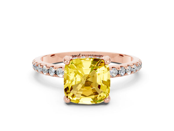 Rose gold Cushion Cut Yellow Sapphire Hidden Halo Engagement Ring with Round Pavé Band and Prong Setting