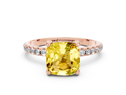 Rose gold Cushion Cut Diamond Solitaire Ring with Four-Prong Setting and Pavé Band