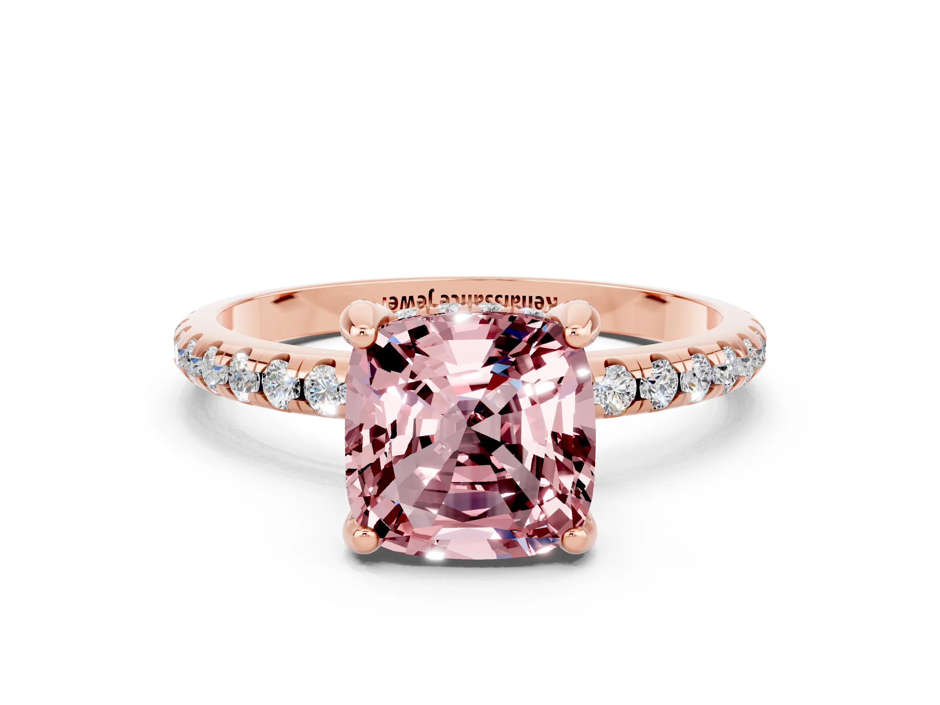 Rose gold Cushion Cut Diamond Solitaire Ring with Four-Prong Setting and Pavé Band