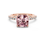 Rose gold Cushion Cut Diamond Solitaire Ring with Four-Prong Setting and Pavé Band