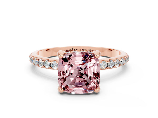 Rose gold Cushion Cut Diamond Solitaire Ring with Four-Prong Setting and Pavé Band