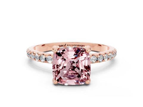 Rose gold Cushion Cut Diamond Solitaire Ring with Four-Prong Setting and Pavé Band