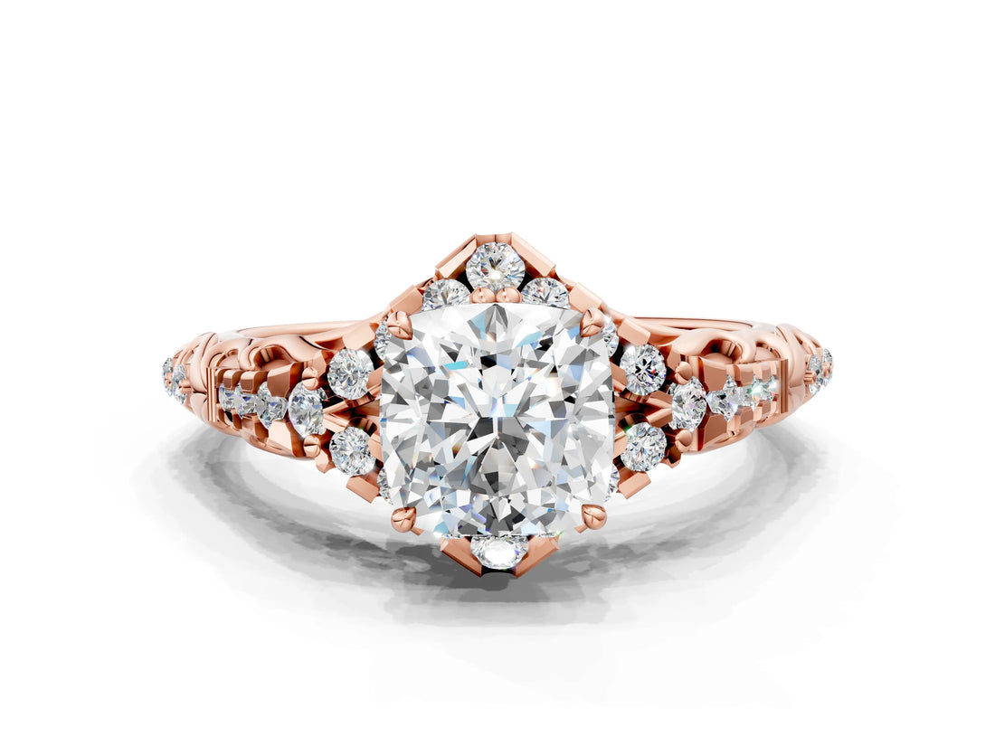 Rose gold Cushion Cut Diamond Solitaire Ring with Hidden Halo and Pavé Band_27