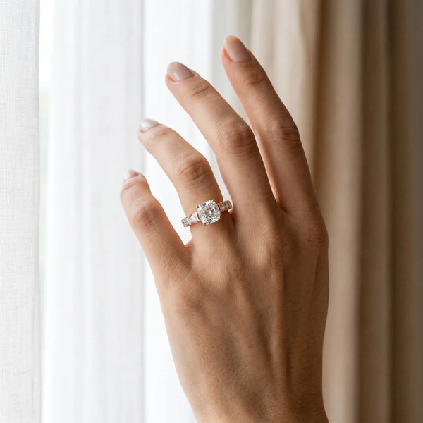 Rose gold Cushion Cut Diamond Solitaire Ring with Micro Pave Band and Prong Setting