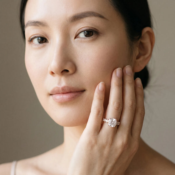 Rose gold Cushion Cut Diamond Solitaire Ring with Micro Pave Band and Prong Setting