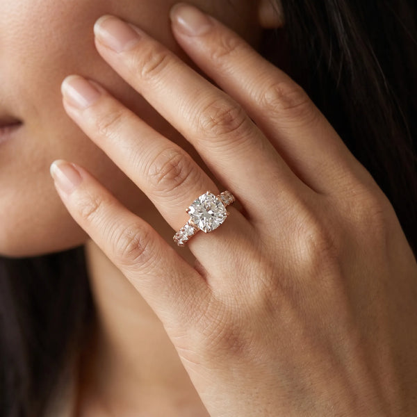 Rose gold Cushion Cut Diamond Solitaire Ring with Micro Pave Band and Prong Setting