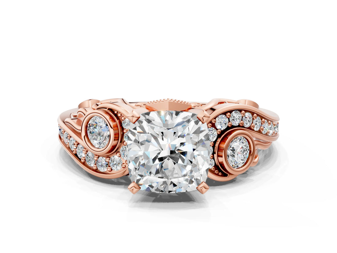 Rose gold Cushion Cut Diamond Solitaire Ring with Milgrain Pavé Band and Four-Prong Setting_179