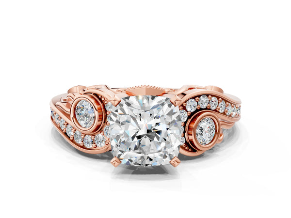 Rose Gold Cushion Cut Vintage Swirl Engagement Ring Setting with Bezel Side Accents