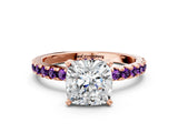Rose gold Cushion Cut Diamond Solitaire Ring with Pavé Band and Four-Prong Setting