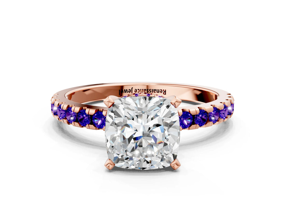 Rose gold Cushion Cut Diamond Solitaire Ring with Pavé Band and Four-Prong Setting