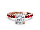 Rose gold Cushion Cut Diamond Solitaire Ring with Pavé Band and Four-Prong Setting