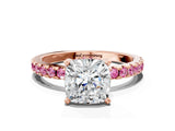 Rose gold Cushion Cut Diamond Solitaire Ring with Pavé Band and Four-Prong Setting