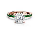 Rose gold Cushion Cut Diamond Solitaire Ring with Pavé Band and Four-Prong Setting
