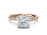 Rose gold Cushion Cut Diamond Solitaire Ring with Pavé Band and Hidden Halo_15