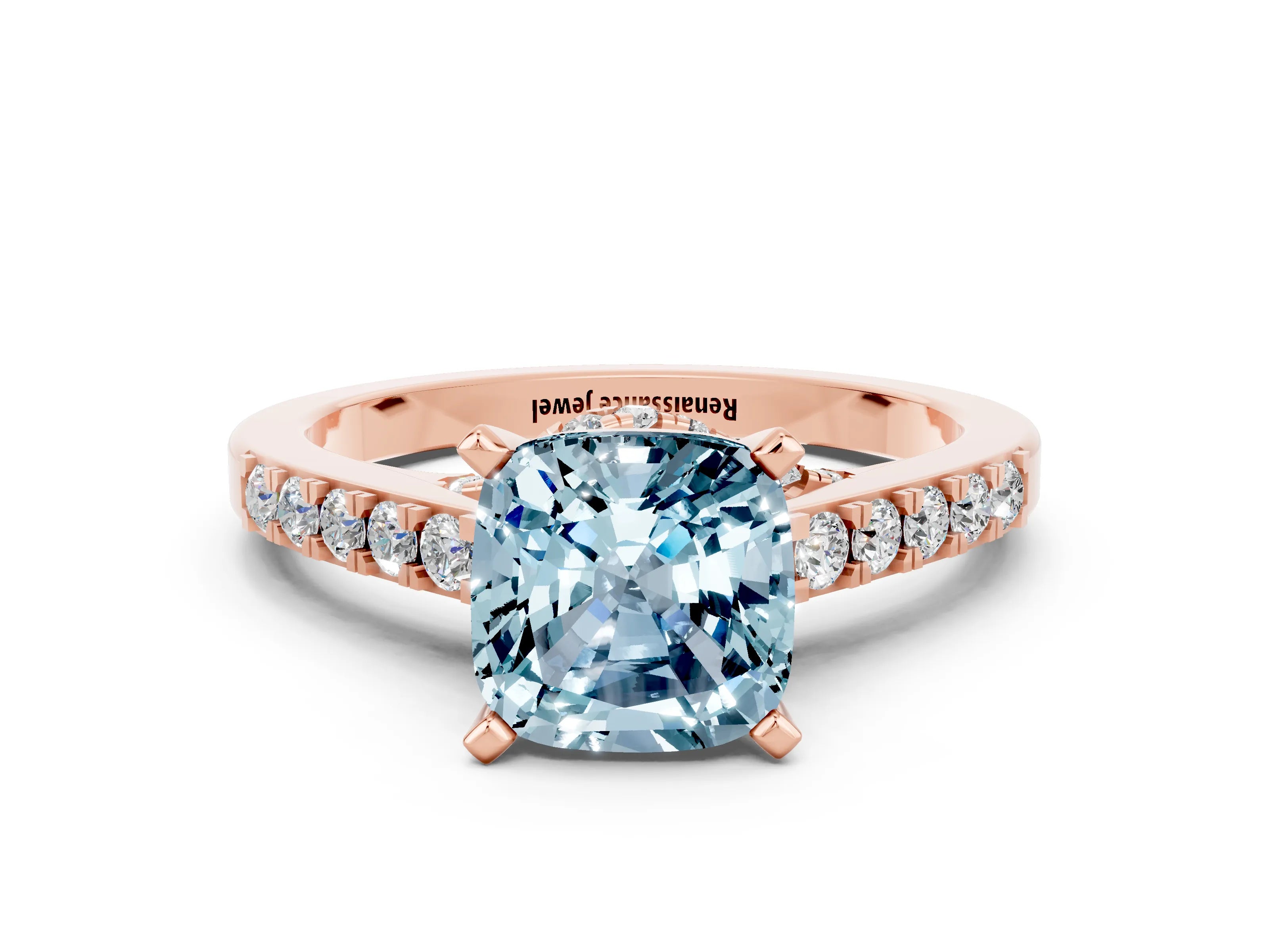 Rose gold Cushion Cut Diamond Solitaire Ring with Pavé Band and Prong Setting
