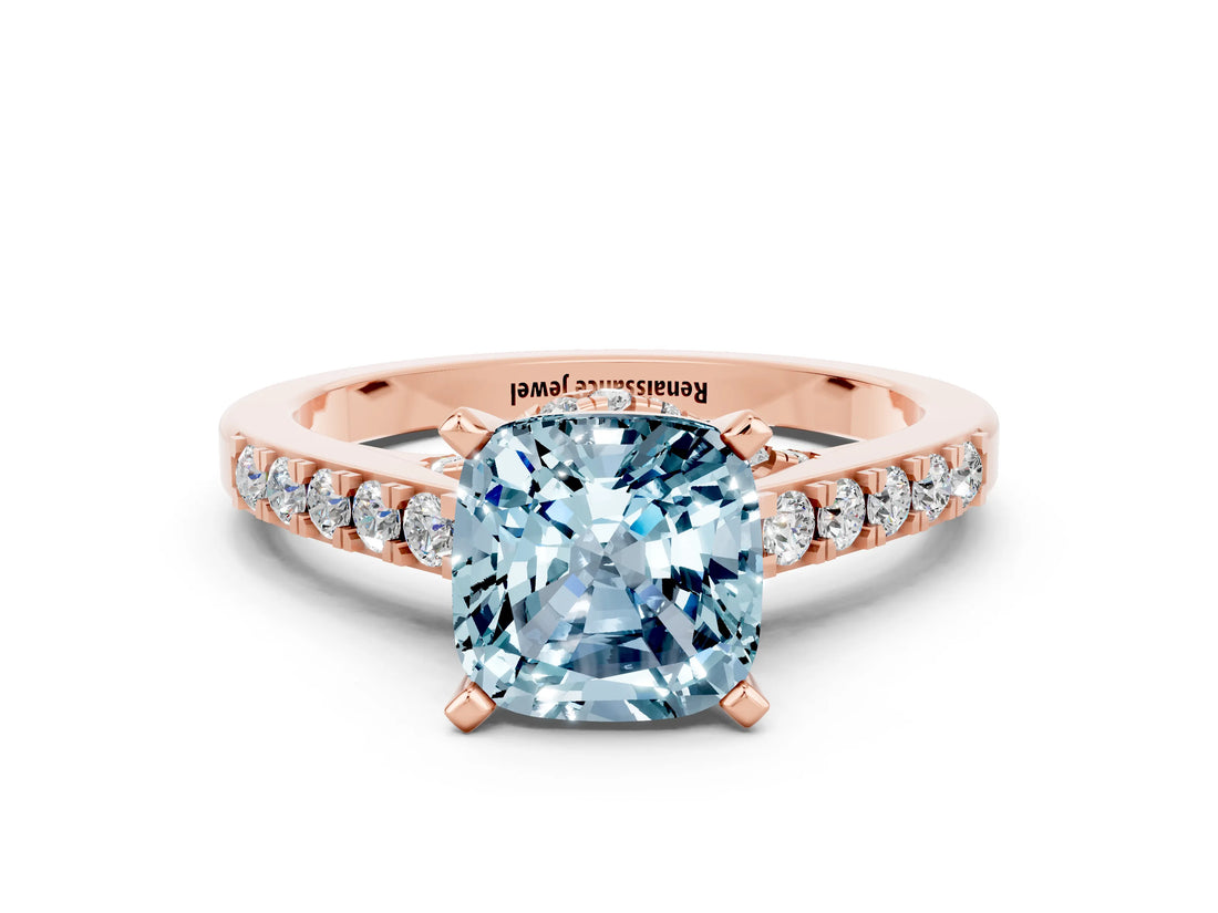 Rose gold Cushion Cut Diamond Solitaire Ring with Pavé Band and Prong Setting