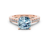 Rose gold Cushion Cut Diamond Solitaire Ring with Pavé Band and Prong Setting