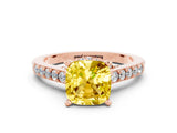 Rose gold Cushion Cut Diamond Solitaire Ring with Pavé Band and Prong Setting
