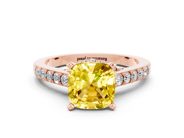 Rose gold Cushion Cut Yellow Sapphire Solitaire Ring with Crossover Gallery and Round  Pavé Band