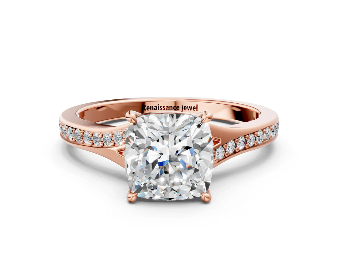 Rose gold Cushion Cut Diamond Solitaire Ring with Pavé Band and Prong Setting_12