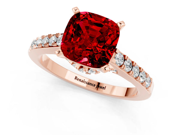 Rose gold Cushion Cut Ruby Solitaire Ring with Crossover Gallery and Round  Pavé Band