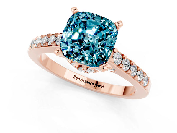Rose gold Cushion Cut Blue Topaz Solitaire Ring with Crossover Gallery and Round  Pavé Band