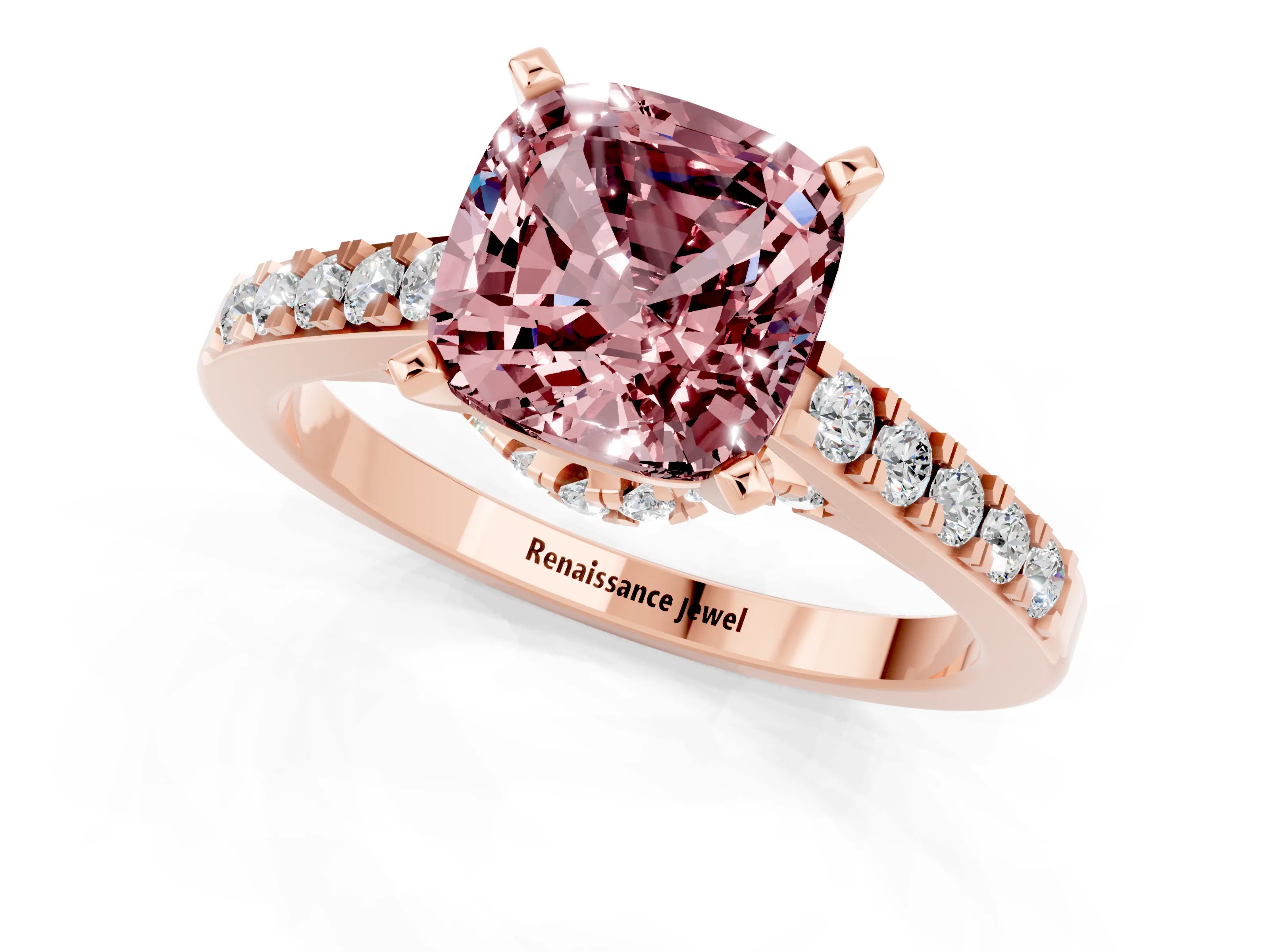 Rose gold Cushion Cut Diamond Solitaire Ring with Pavé Band and Prong Setting_1