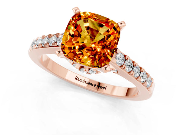 Rose gold Cushion Cut Citrine Solitaire Ring with Crossover Gallery and Round  Pavé Band