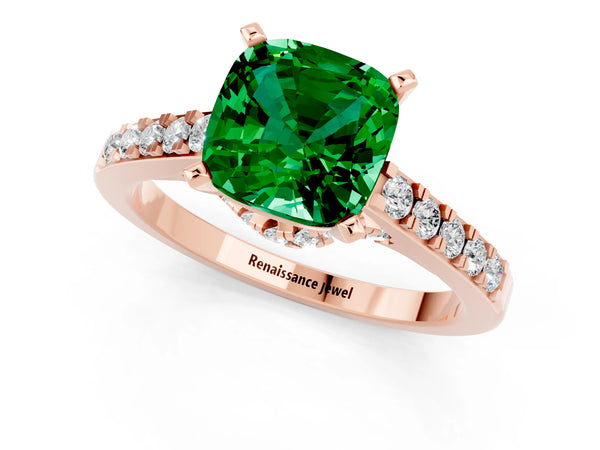Rose gold Cushion Cut Emerald Solitaire Ring with Crossover Gallery and Round  Pavé Band