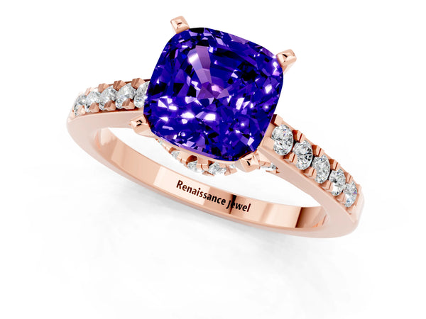 Rose gold Cushion Cut Tanzanite Solitaire Ring with Crossover Gallery and Round  Pavé Band