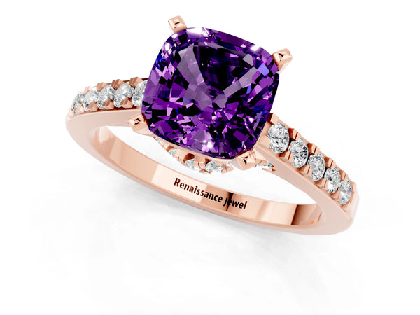 Rose gold Cushion Cut Amethyst Solitaire Ring with Crossover Gallery and Round  Pavé Band