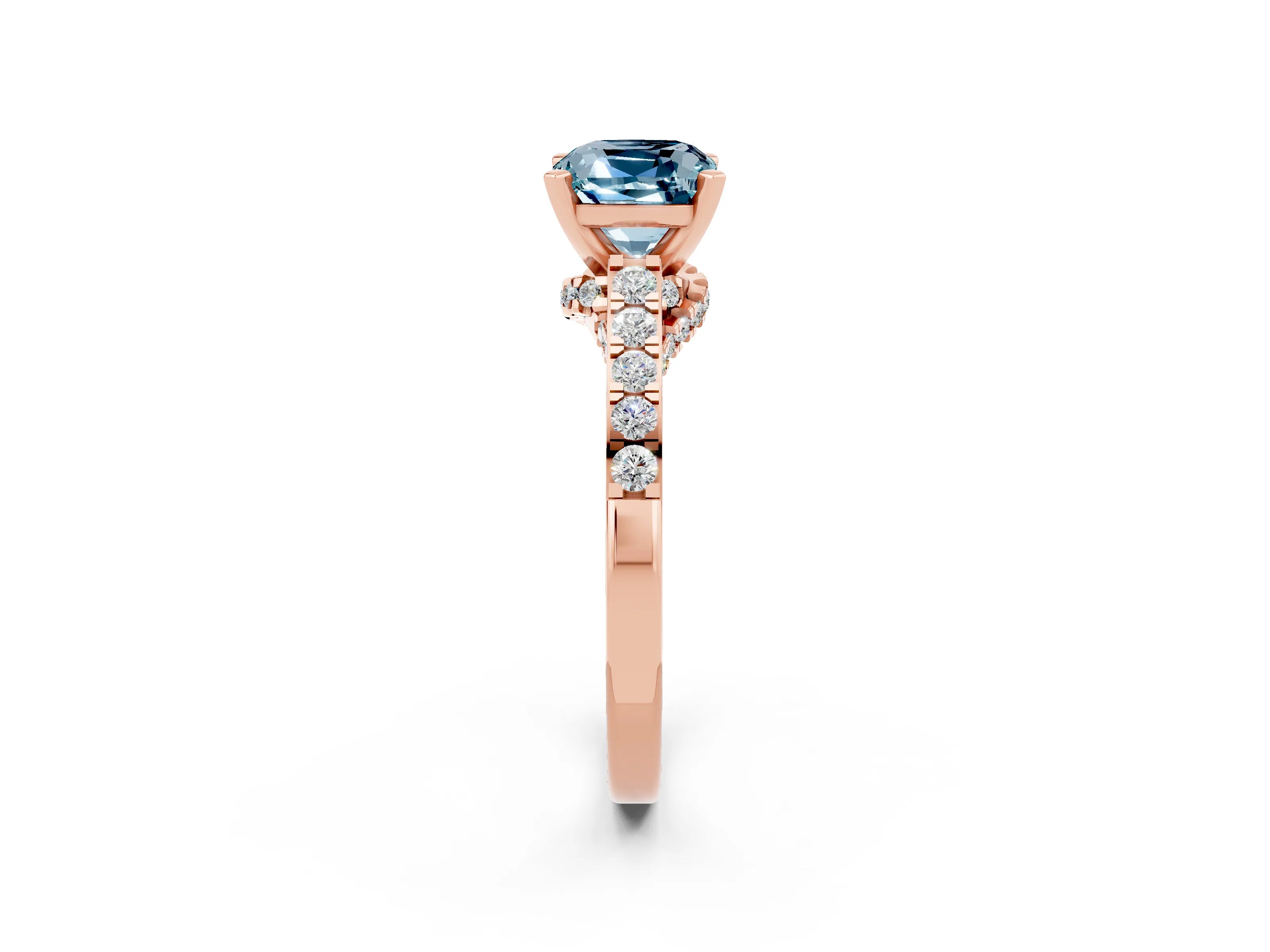 Rose gold Cushion Cut Diamond Solitaire Ring with Pavé Band and Prong Setting_2