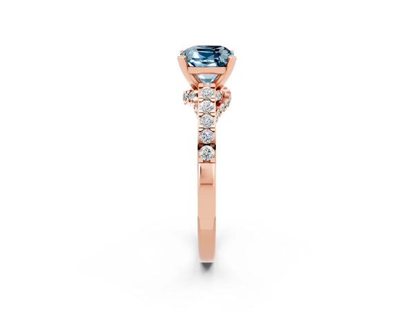 Rose gold Cushion Cut Aquamarine Solitaire Ring with Crossover Gallery and Round  Pavé Band