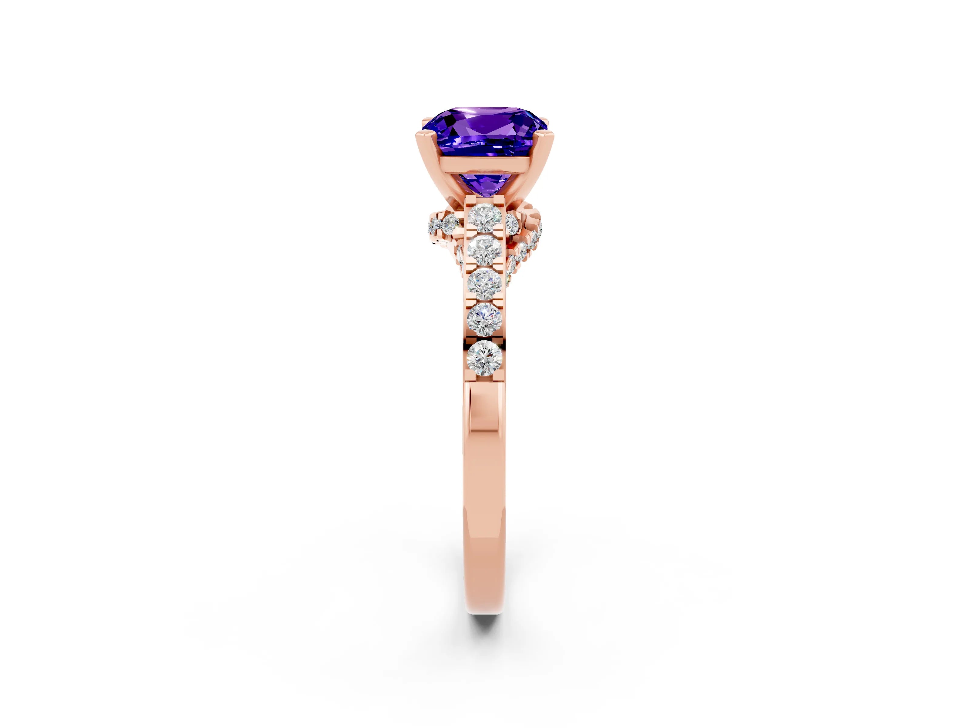 Rose gold Cushion Cut Diamond Solitaire Ring with Pavé Band and Prong Setting_2