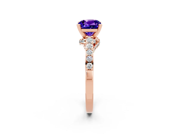 Rose gold Cushion Cut Tanzanite Solitaire Ring with Crossover Gallery and Round  Pavé Band