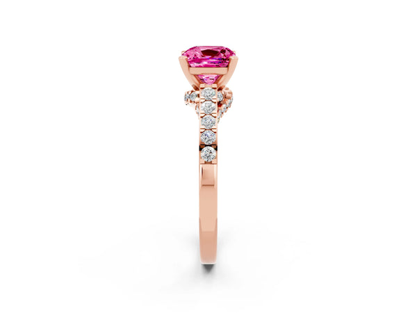 Rose gold Cushion Cut Pink Sapphire Solitaire Ring with Crossover Gallery and Round  Pavé Band