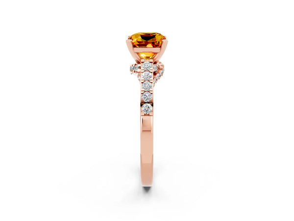 Rose gold Cushion Cut Citrine Solitaire Ring with Crossover Gallery and Round  Pavé Band