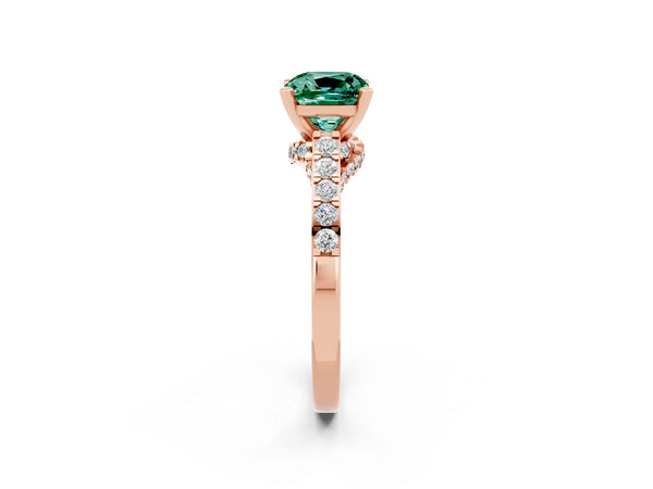 Rose gold Cushion Cut Green Sapphire Solitaire Ring with Crossover Gallery and Round  Pavé Band