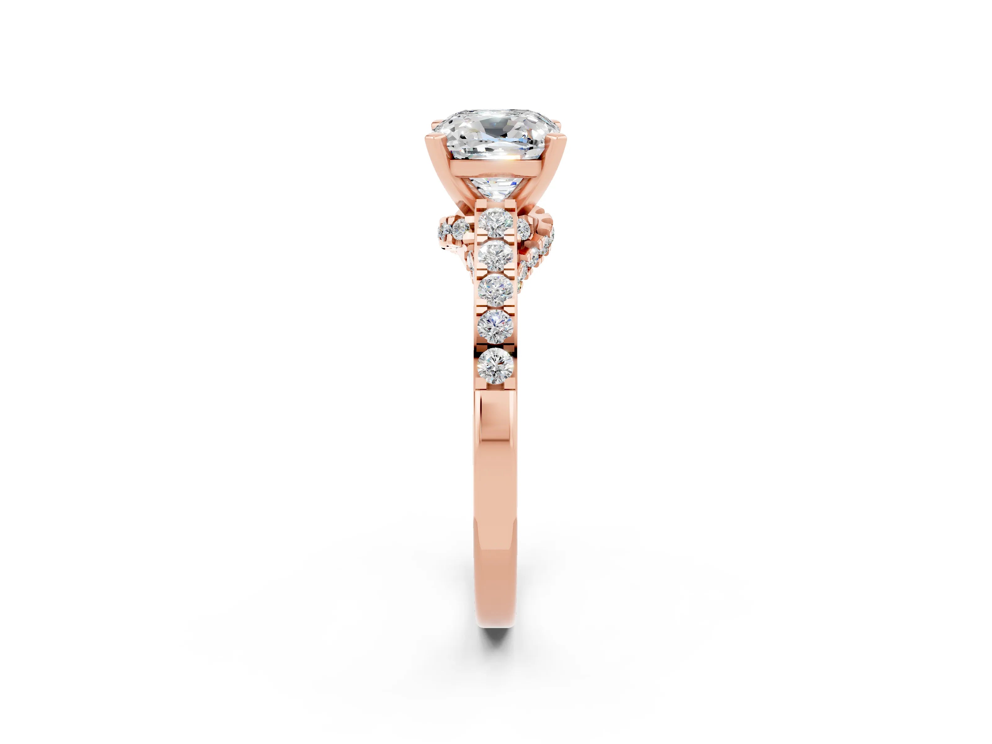 Rose gold Cushion Cut Diamond Solitaire Ring with Pavé Band and Prong Setting_2