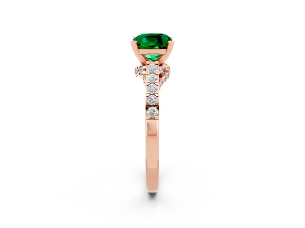 Rose gold Cushion Cut Emerald Solitaire Ring with Crossover Gallery and Round  Pavé Band