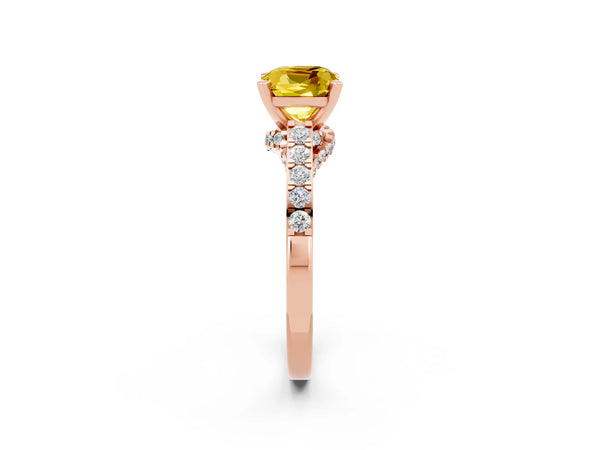 Rose gold Cushion Cut Yellow Sapphire Solitaire Ring with Crossover Gallery and Round  Pavé Band