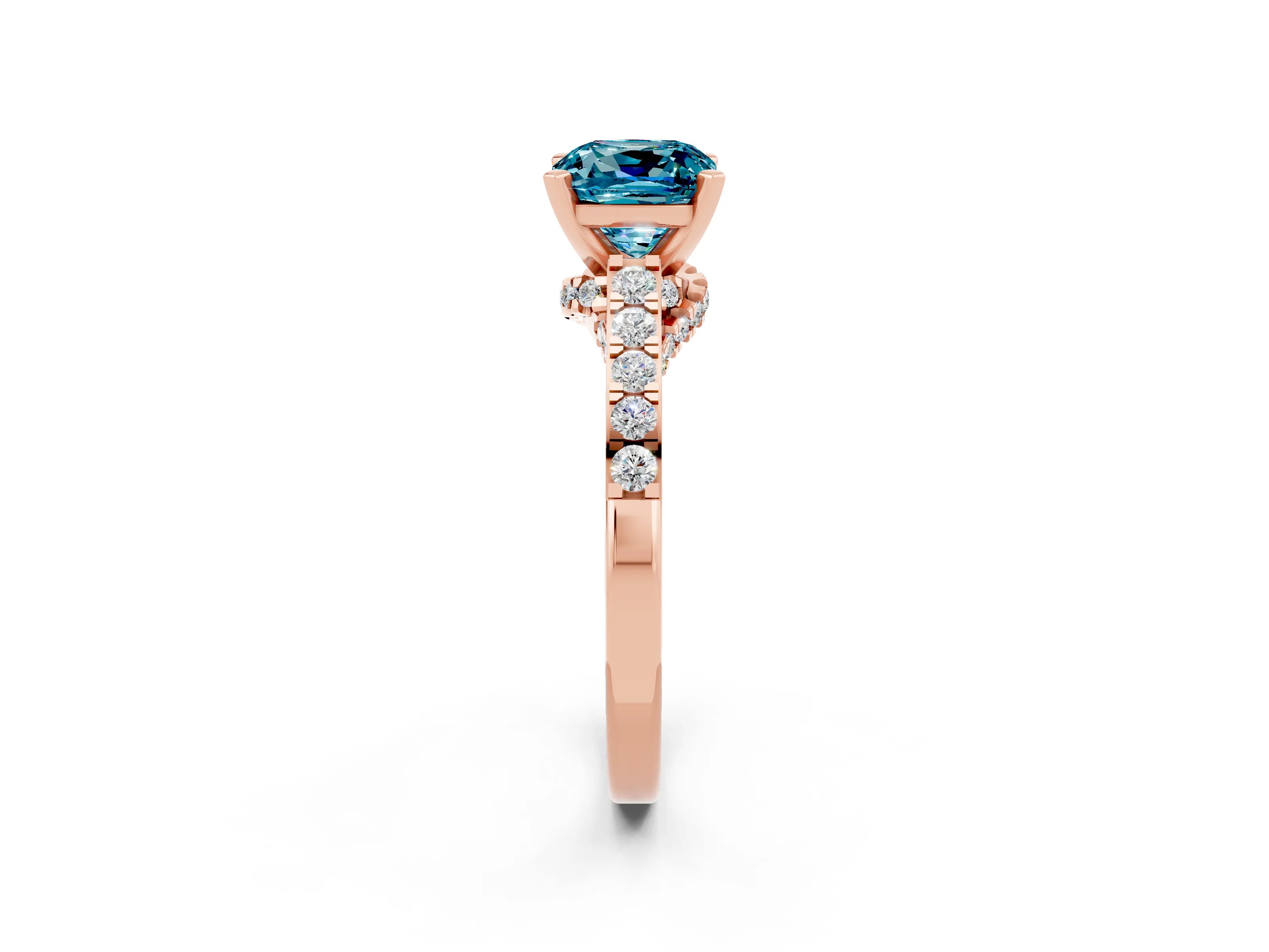 Rose gold Cushion Cut Diamond Solitaire Ring with Pavé Band and Prong Setting_2